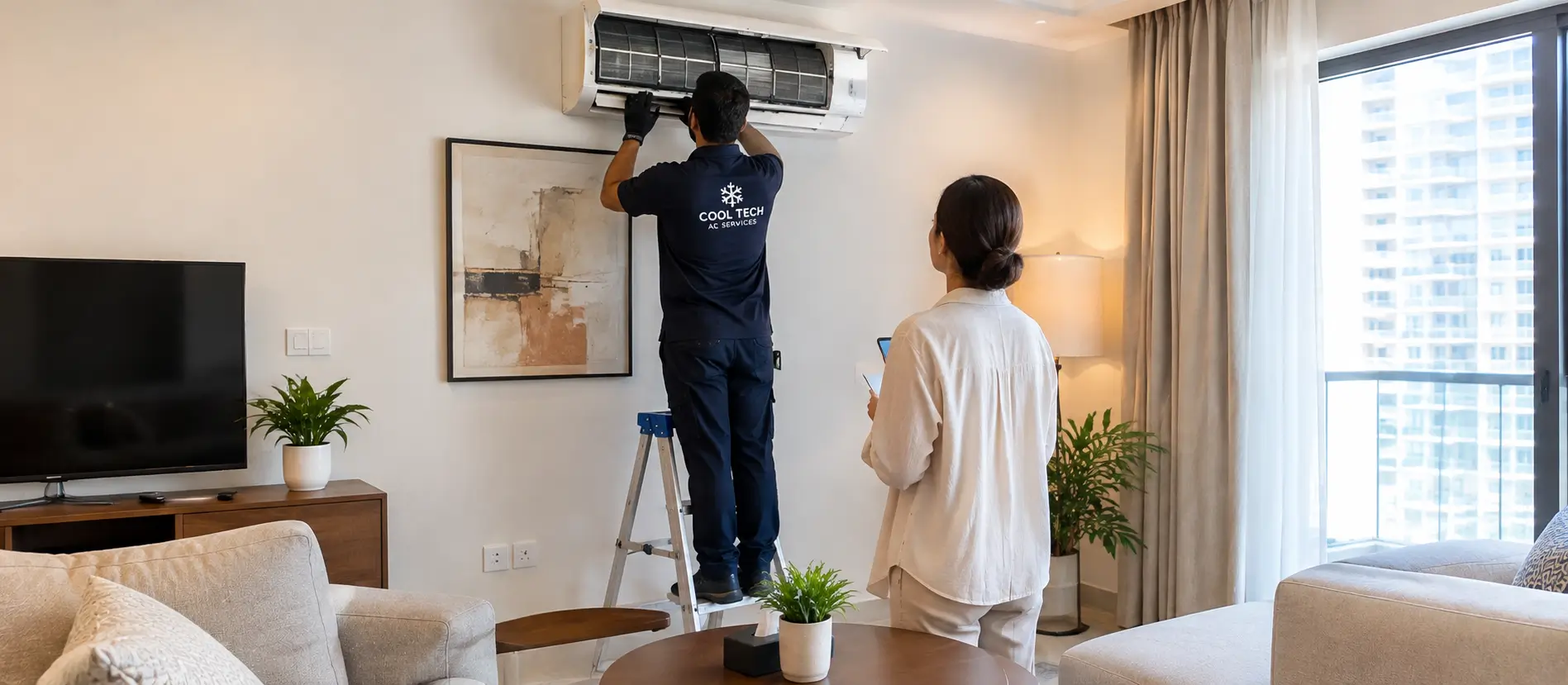 AC technician servicing a split unit in a rented Dubai apartment