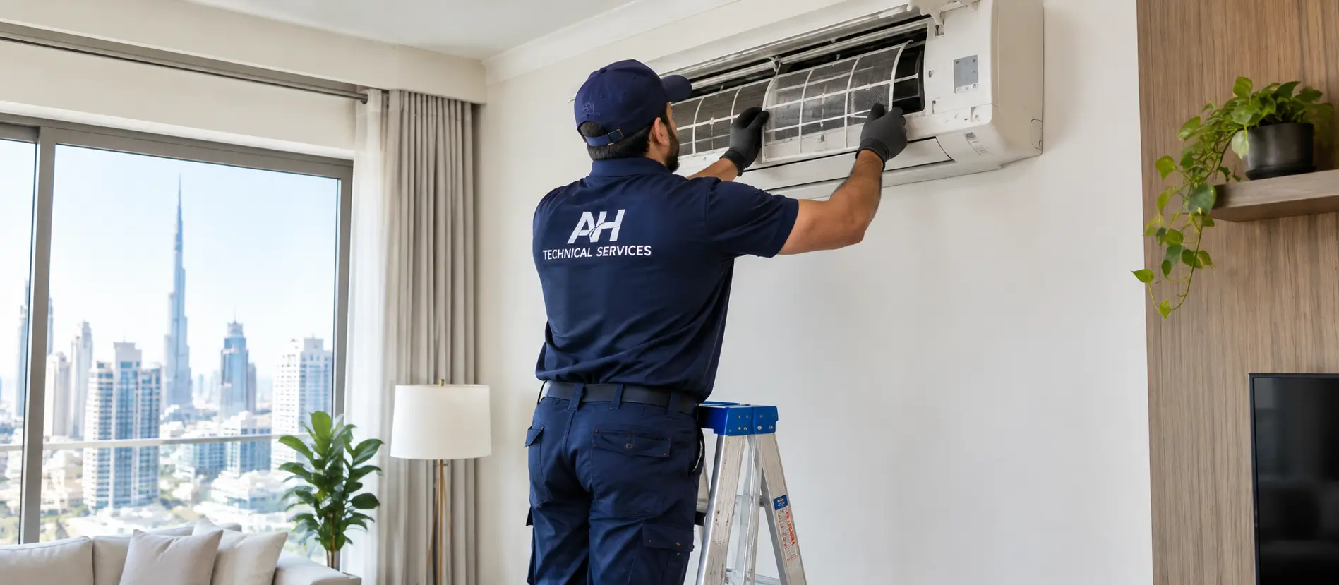 Technician servicing a split AC unit in a Dubai apartment