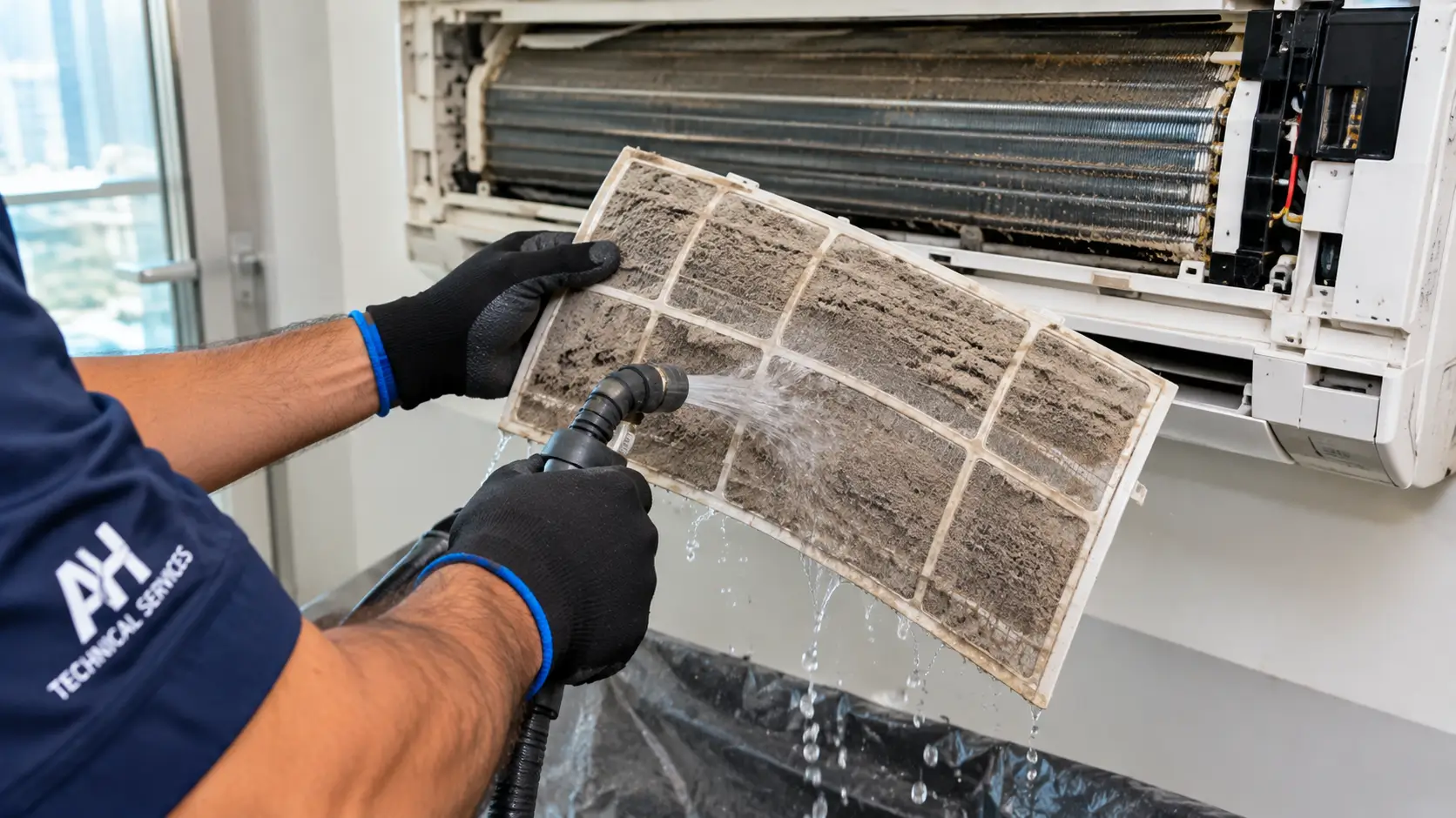 Technician cleaning a dusty AC filter during a service in Dubai