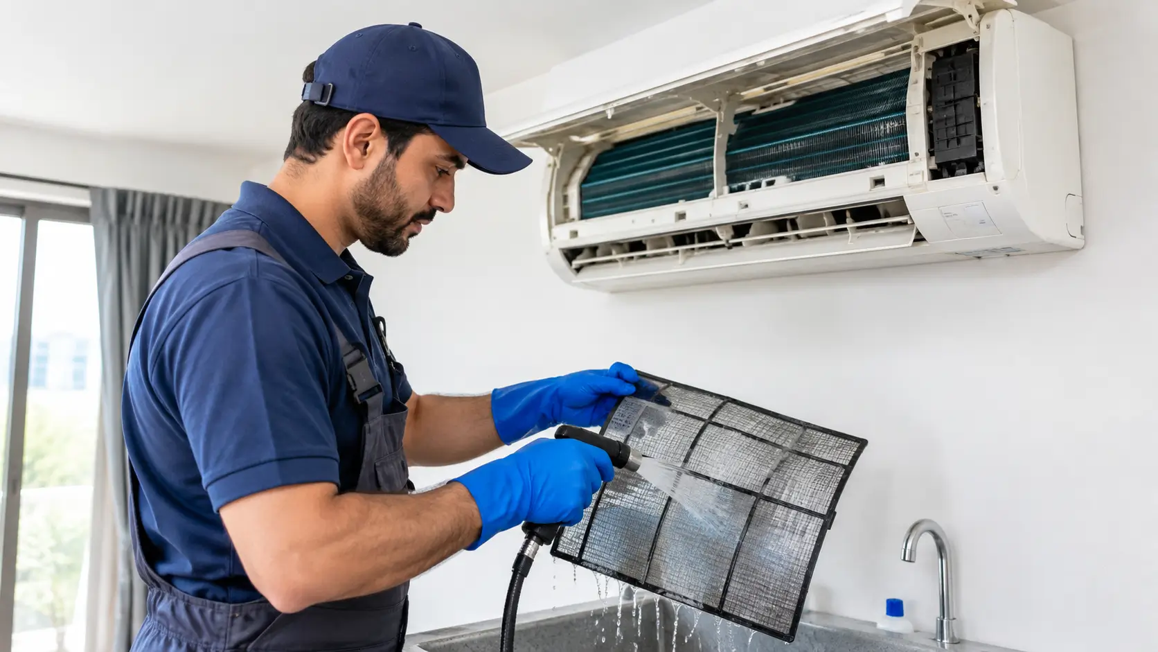 Technician cleaning an AC filter during a service in a rented flat