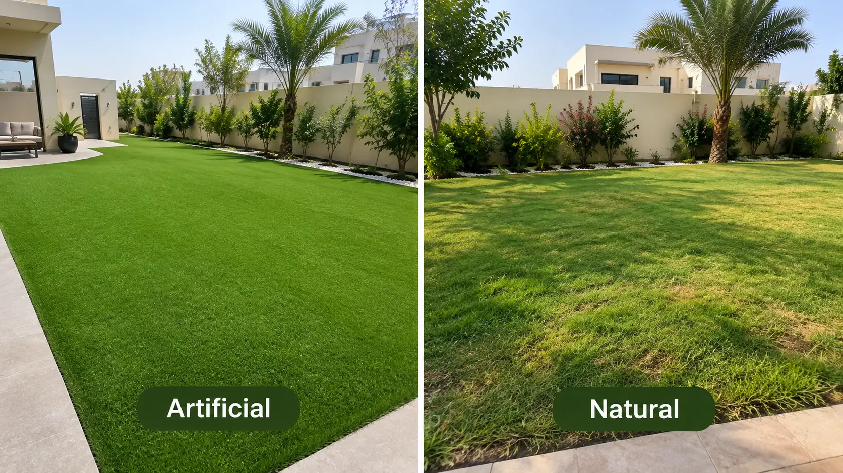 Artificial grass next to a natural lawn in a Dubai garden