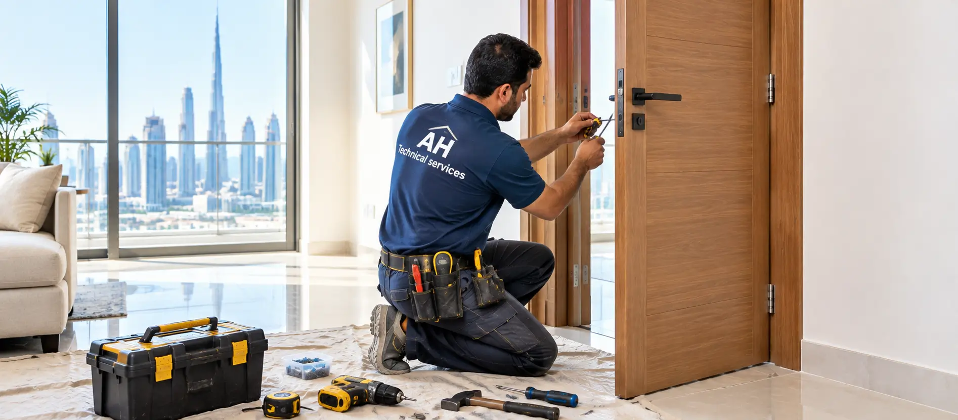 Carpenter fitting a wooden door in a Dubai apartment