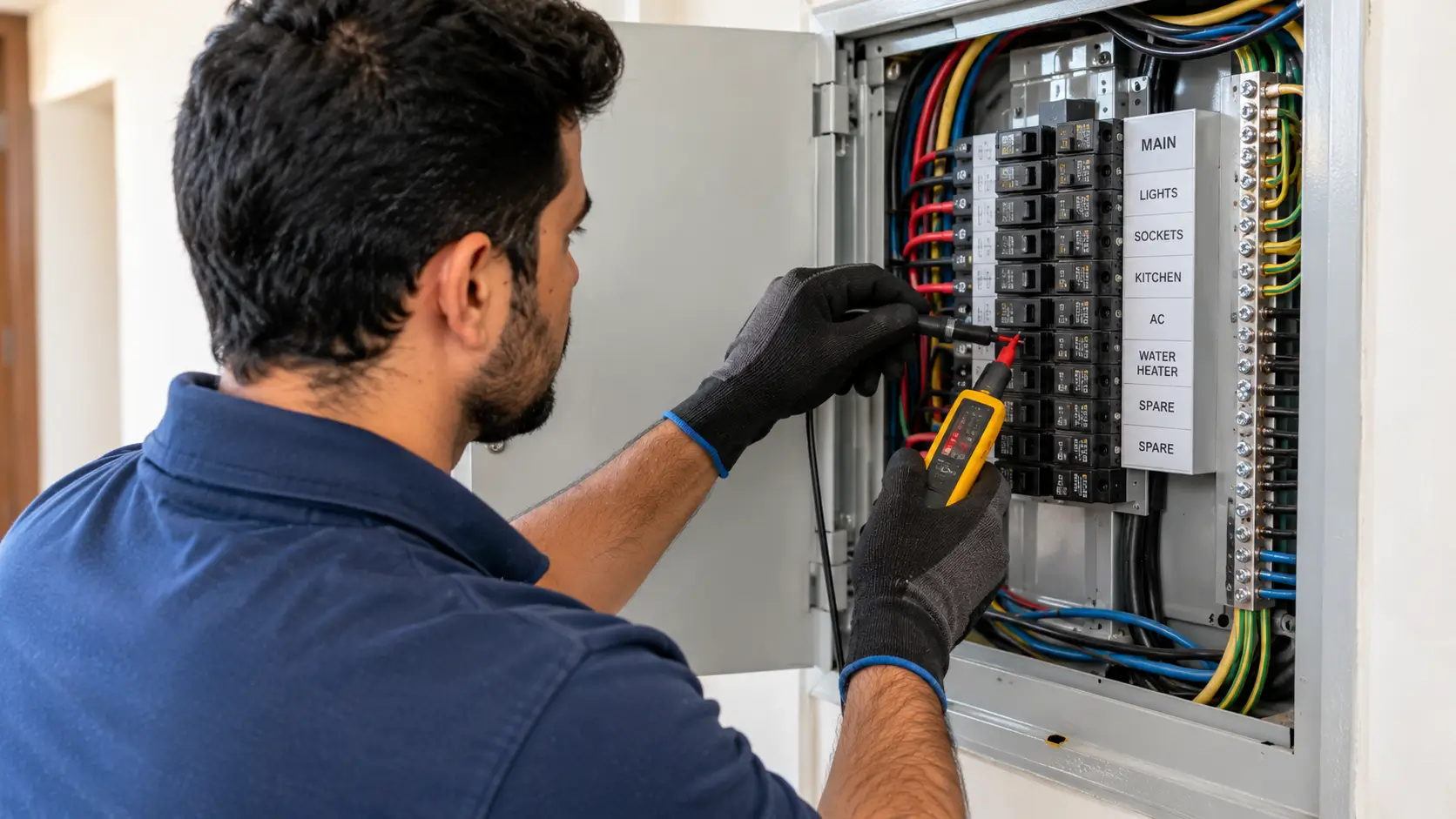 Electrician checking a distribution board for a tripping breaker