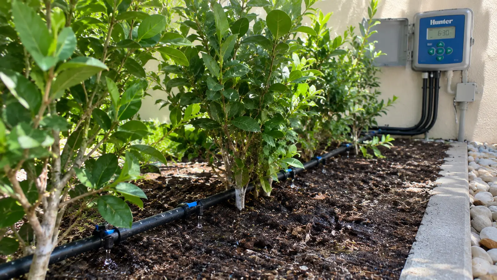 Drip irrigation line watering plants in a Dubai villa garden