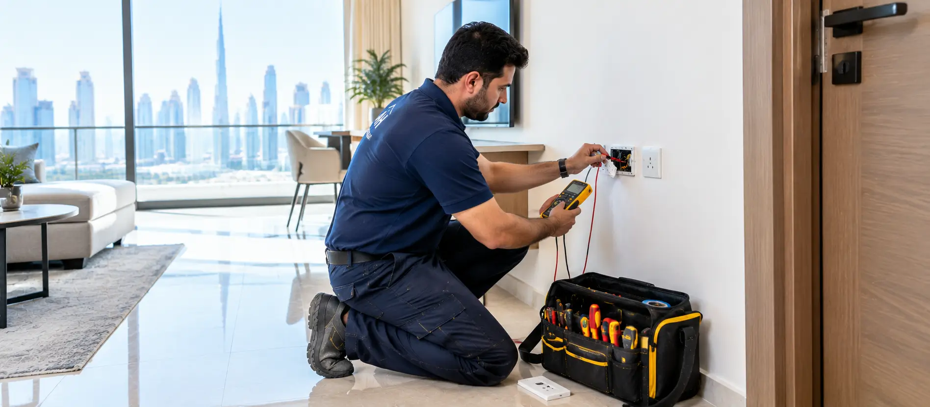 Electrician testing a wall socket in a Dubai apartment