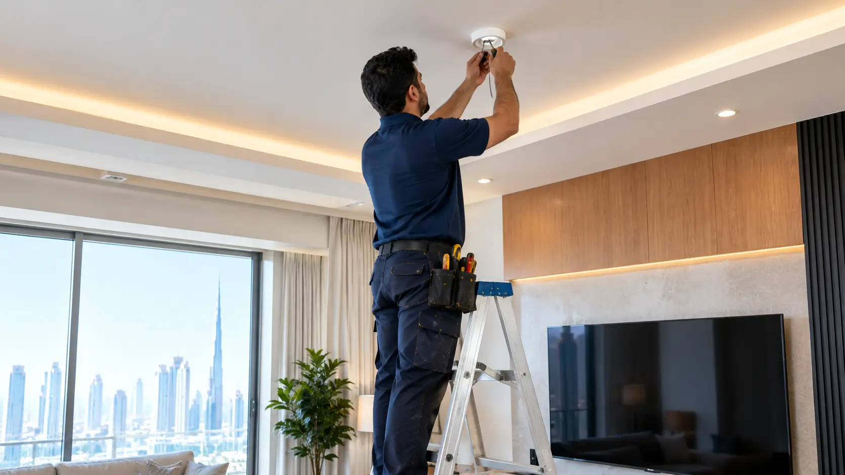 Electrician fitting a ceiling light in a Dubai home