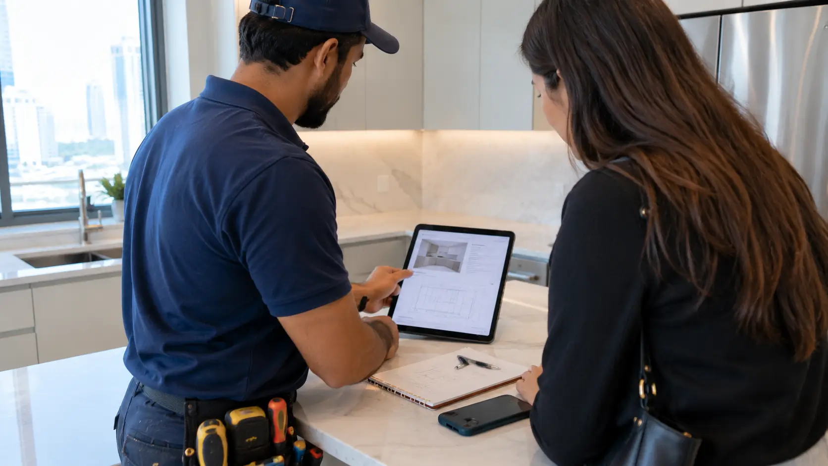 Carpenter going through a written quote with a customer