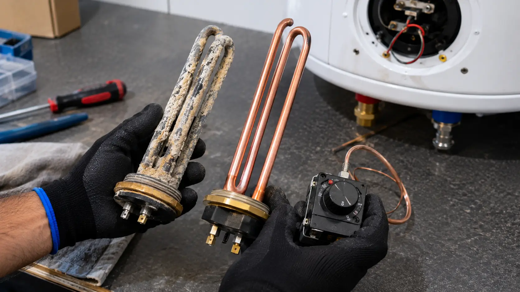 Water heater heating element and thermostat replaced during a repair