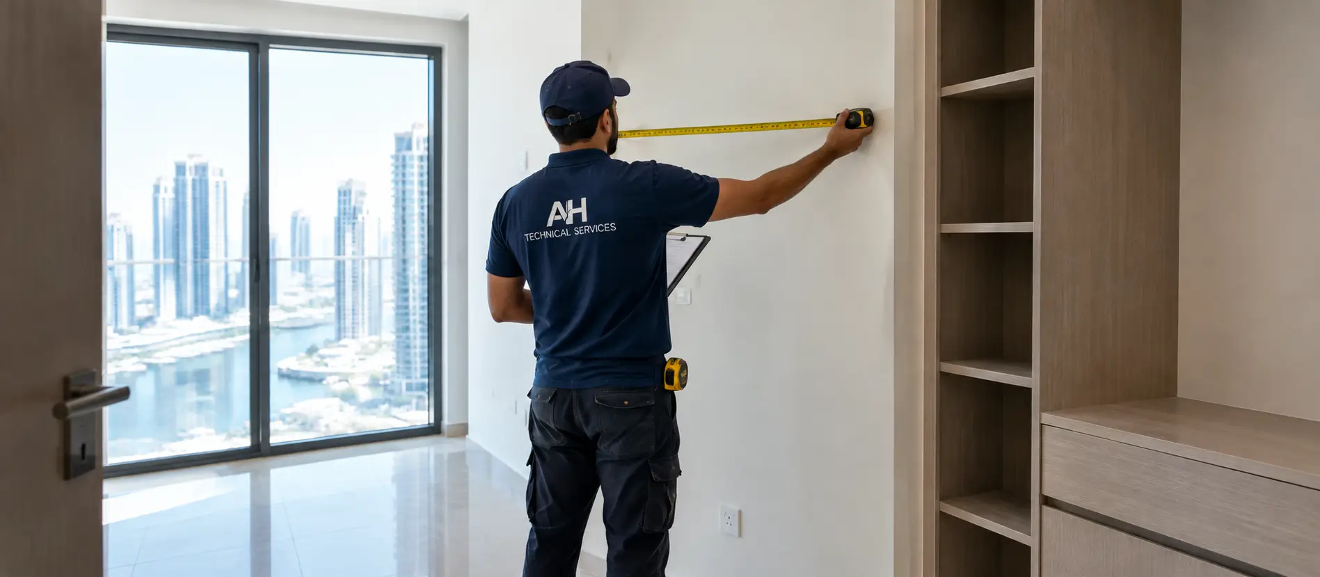 Carpenter measuring a wall for fitted wardrobes in a Dubai apartment
