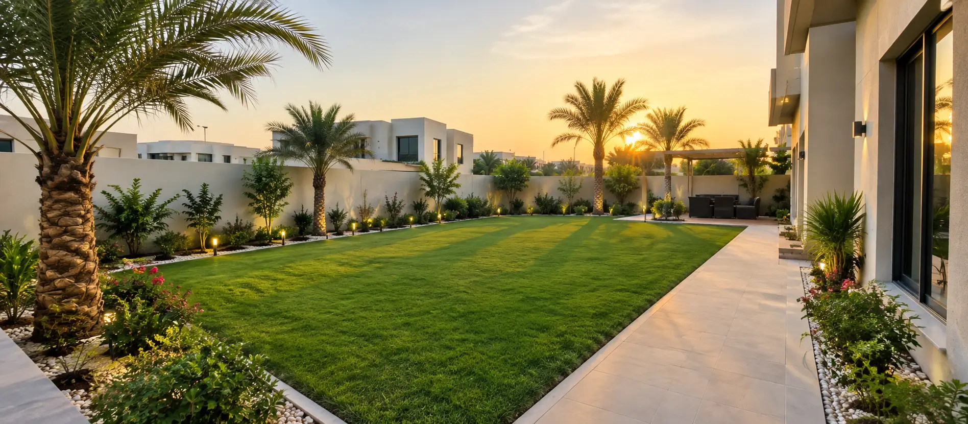 Landscaped villa garden with lawn, planting and paving in Dubai
