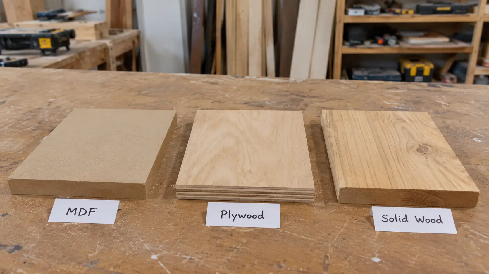 Samples of MDF, plywood and solid wood boards used by carpenters in Dubai