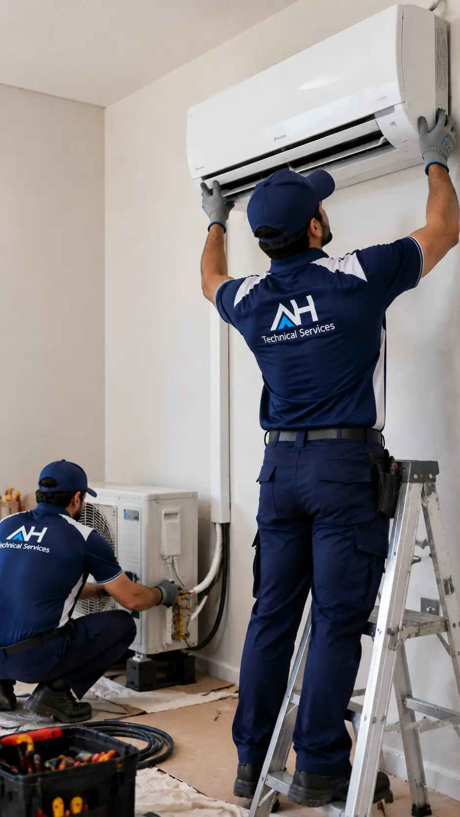Technician installing wiring for a new AC