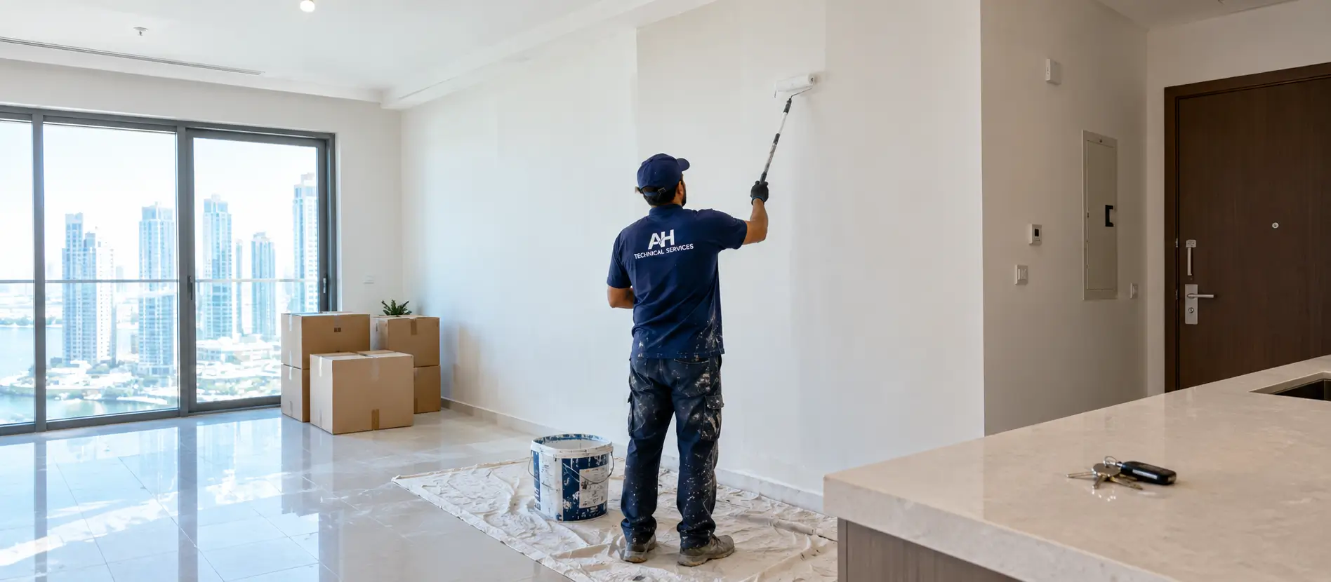 Painter repainting an empty apartment before a tenant moves out in Dubai