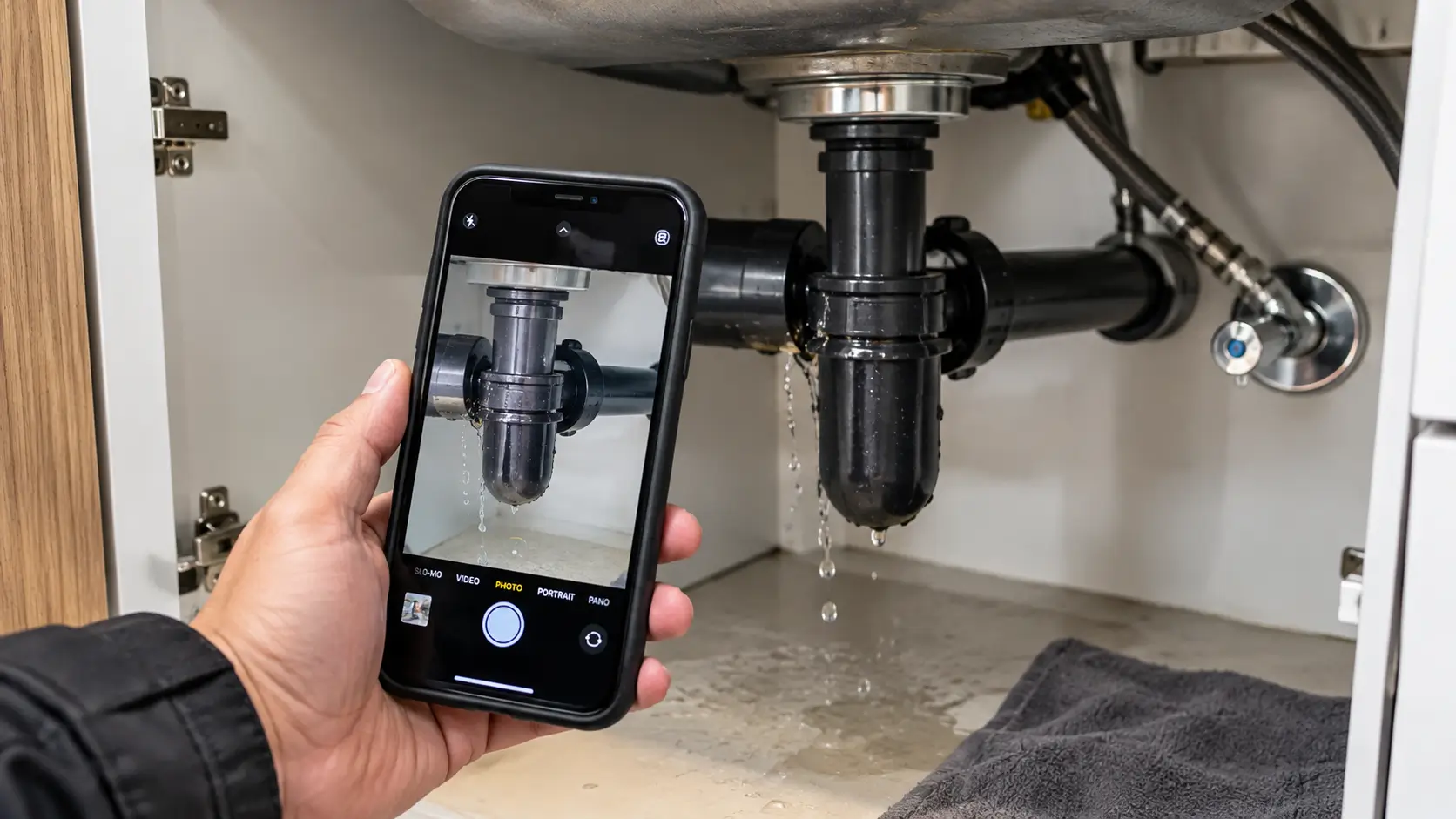 Homeowner photographing a leaking pipe to send for a plumbing quote