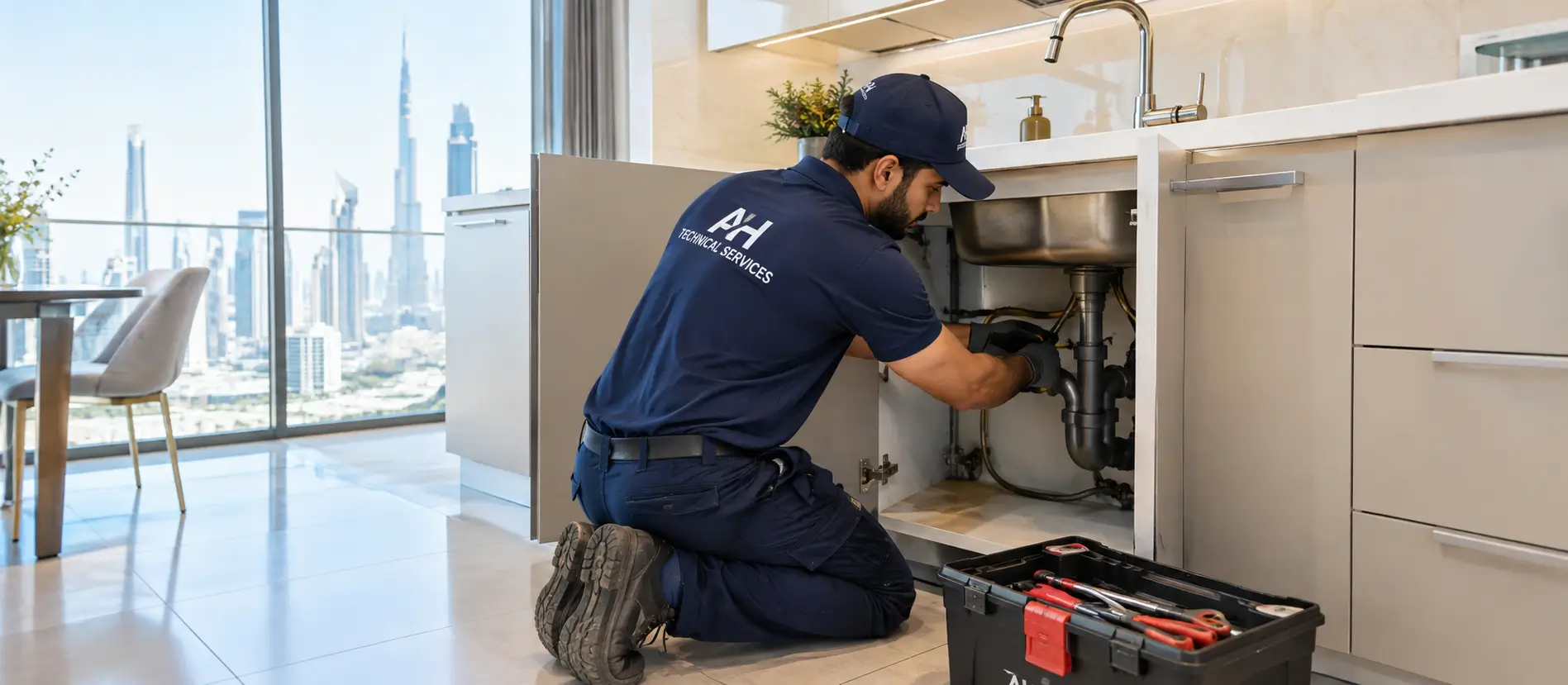 Plumber repairing pipes under a kitchen sink in a Dubai apartment