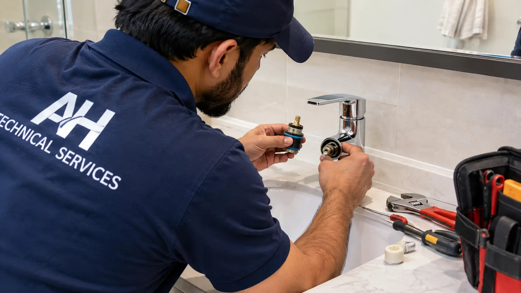 Plumber replacing a leaking mixer tap cartridge in a Dubai bathroom