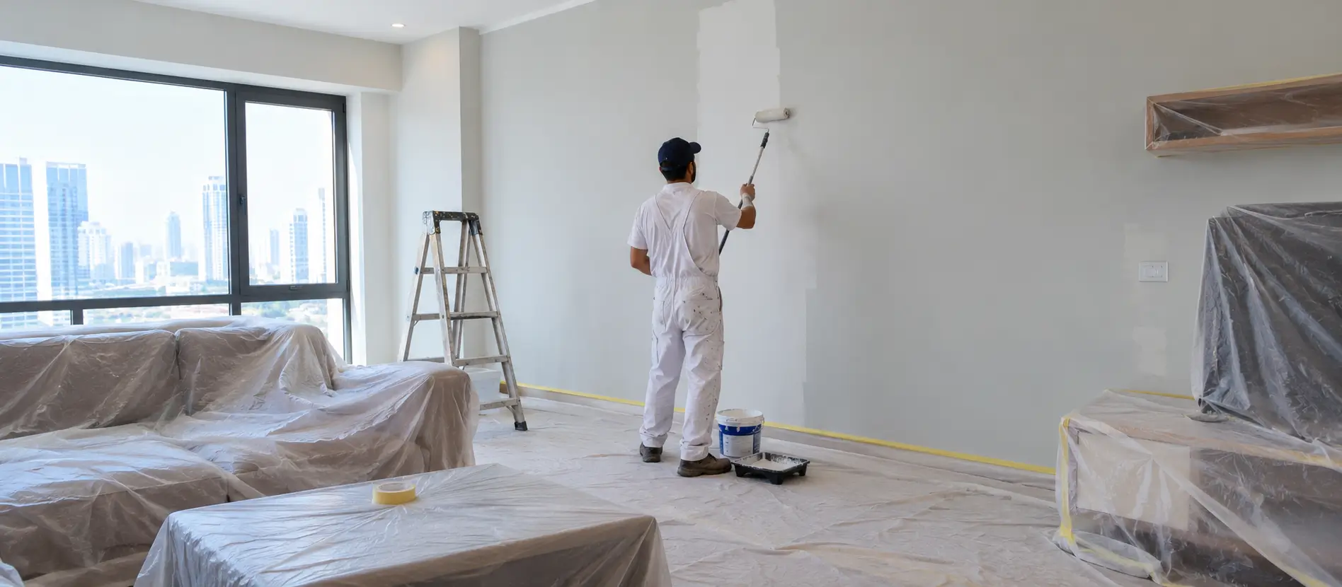 Painter rolling white paint on a living room wall in Dubai