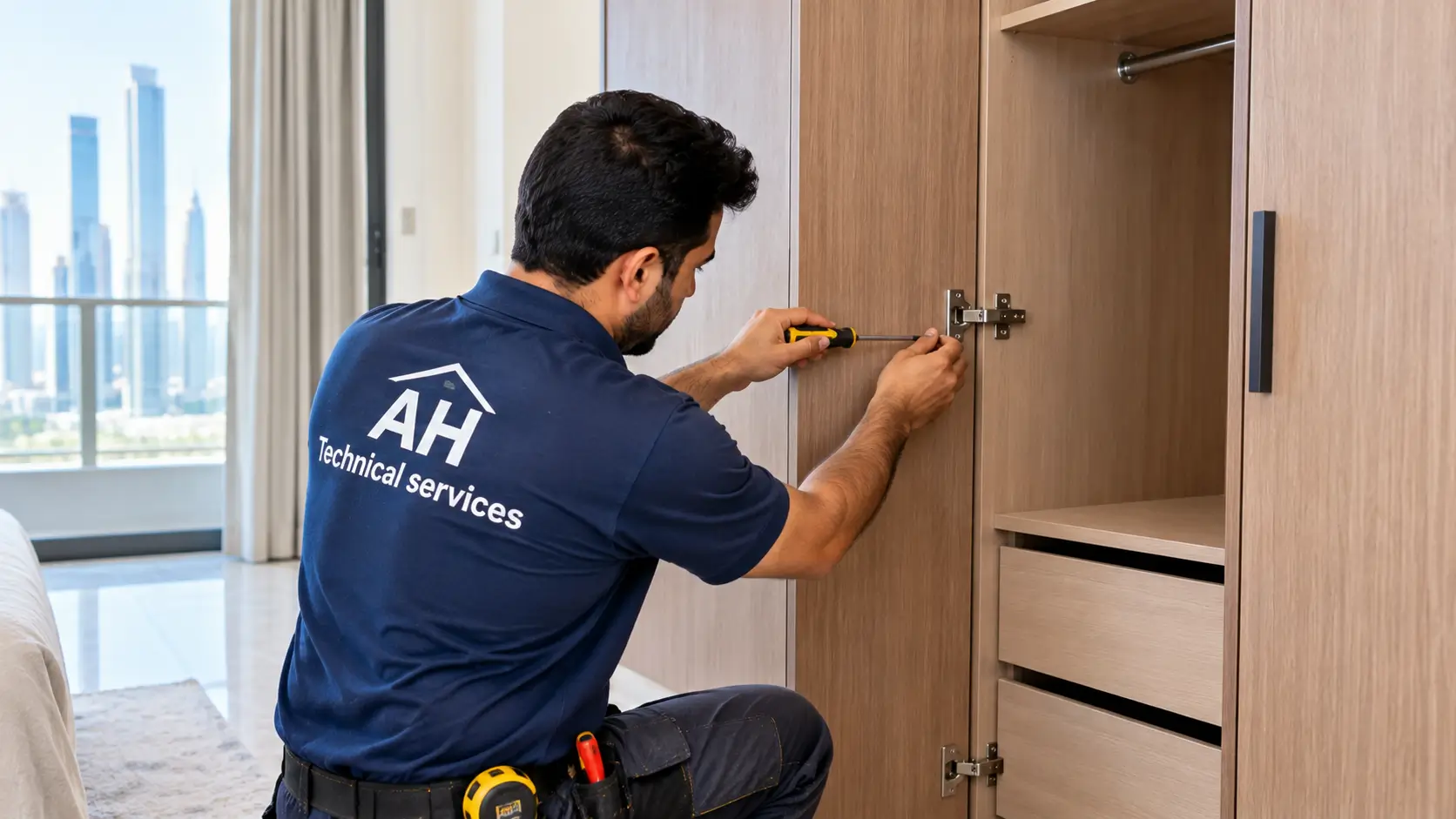Carpenter repairing a wardrobe door hinge in a Dubai home
