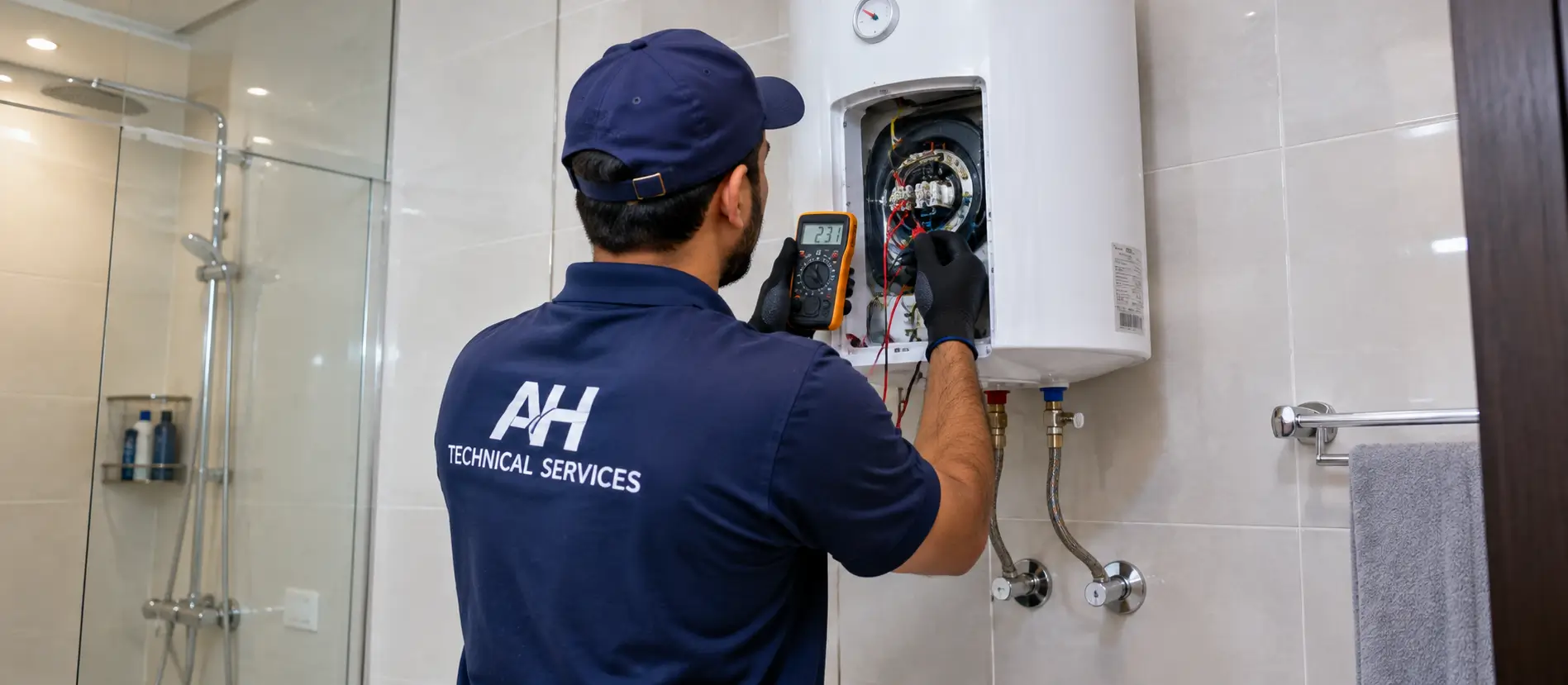 Technician repairing an electric water heater in a Dubai bathroom