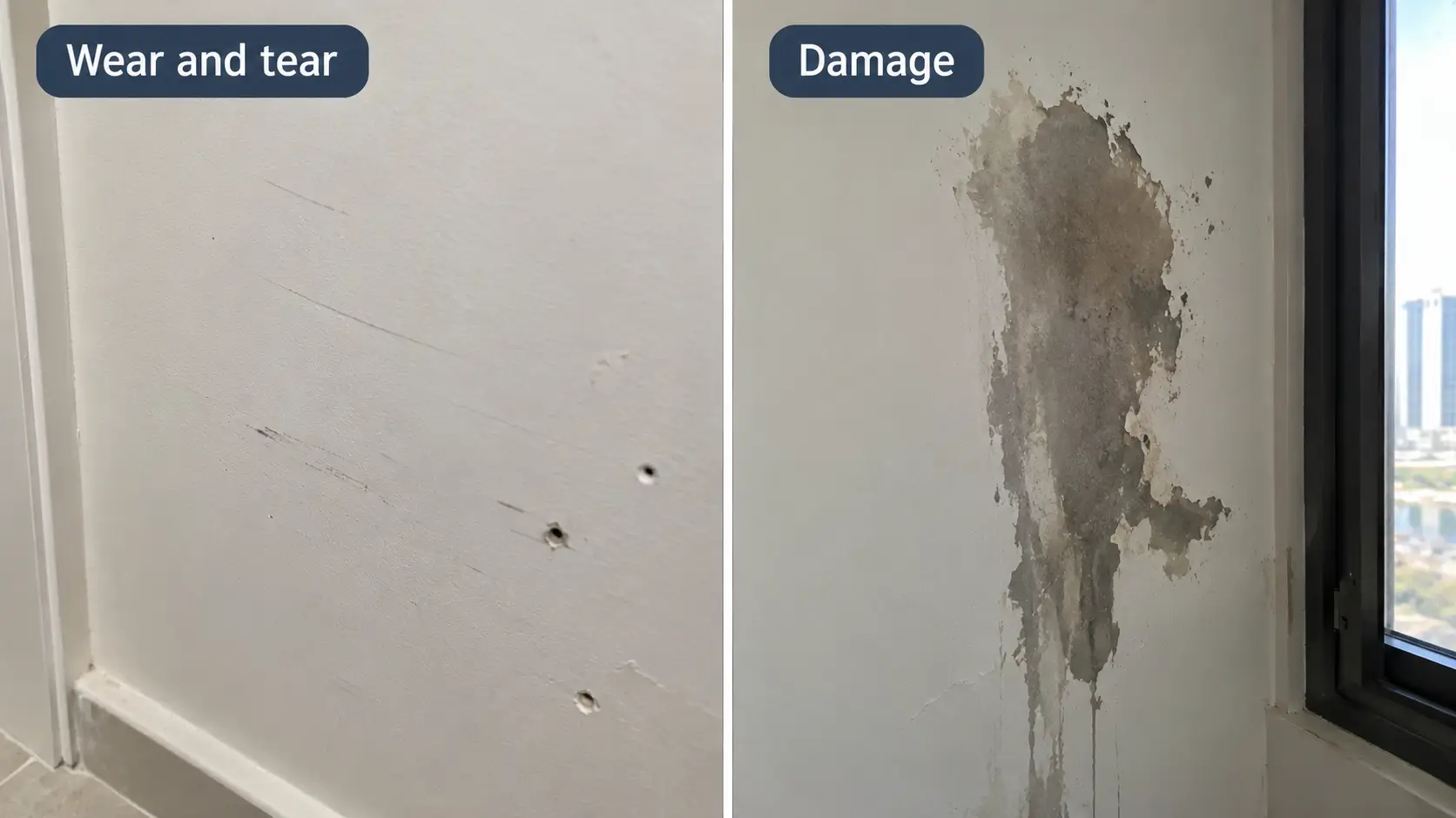 Normal wear and tear on a wall compared with wall damage