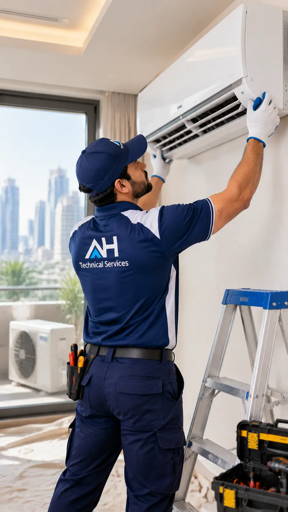 Technician with power tools preparing an installation