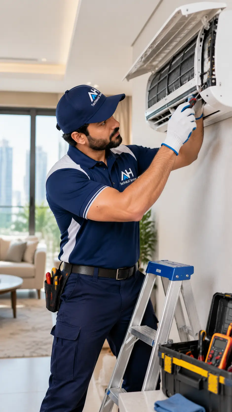Technician checking an air conditioning connection